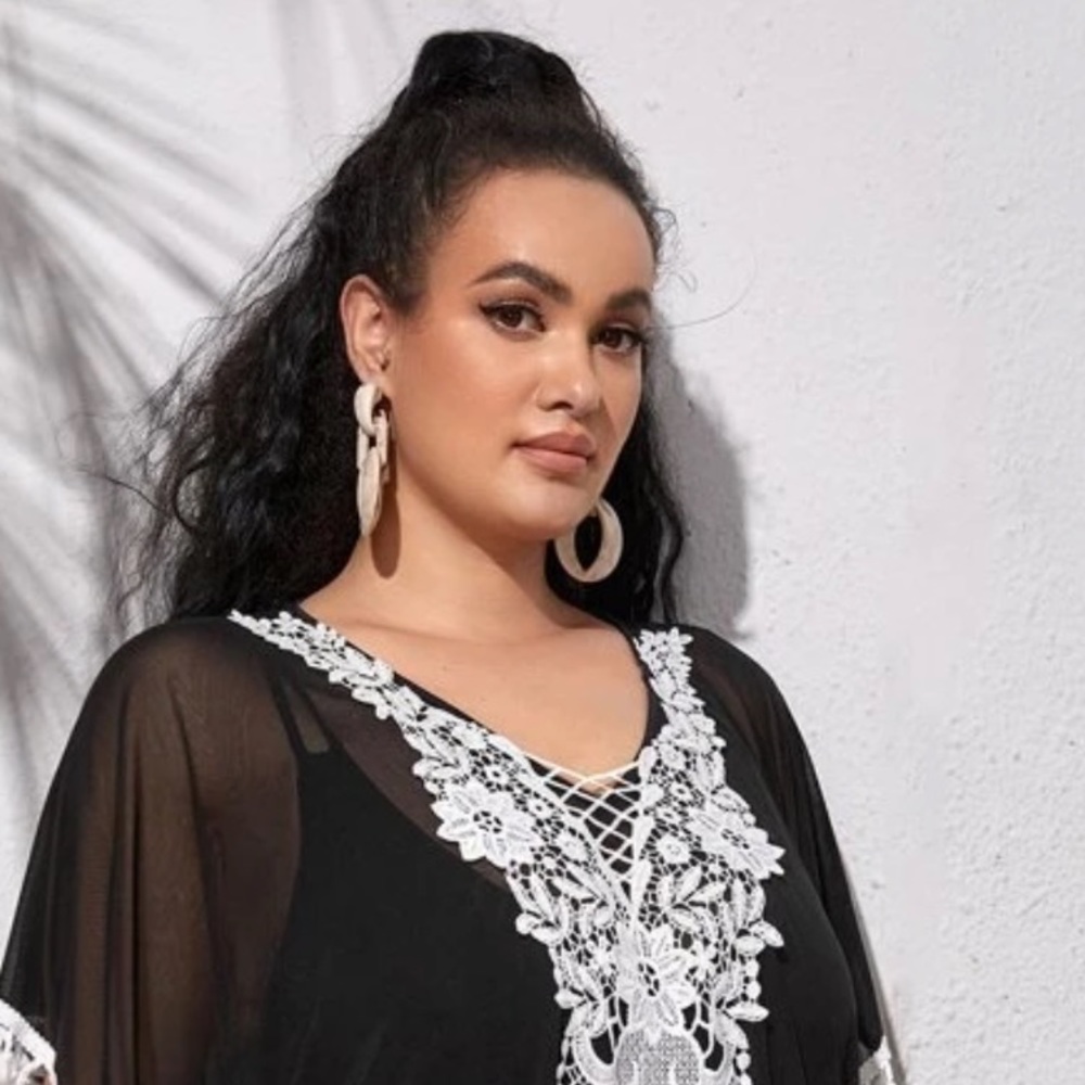 Sheer Embroidered Swim Coverup Neutral Black and White Swimsuit Cover